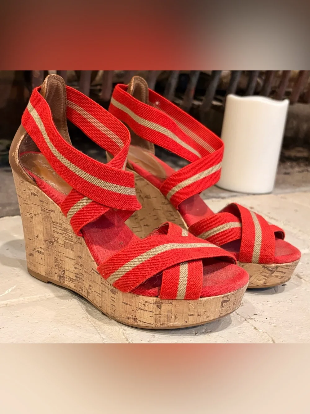 Merona Cork Wedge Sandals Red Stripe Size 6